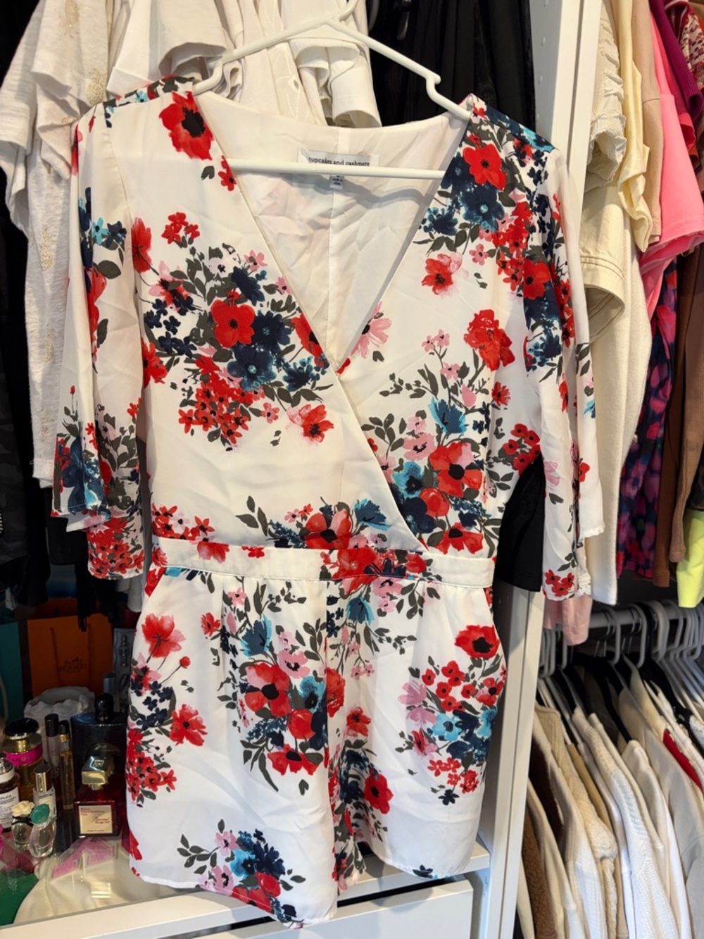 cupcakes & cashmere White Floral Wrap Romper with Red & Teal Flowers